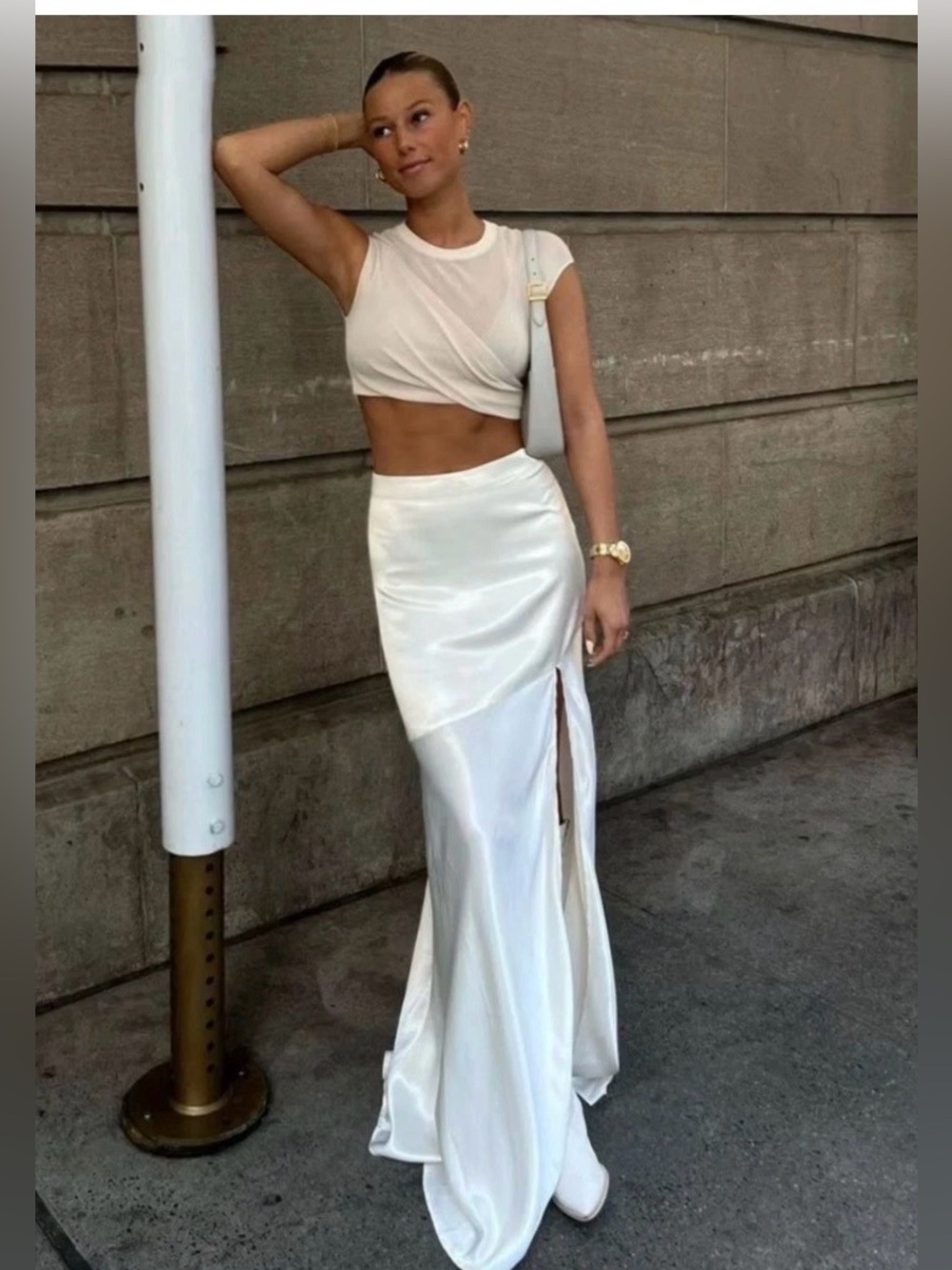 Commense Chic white  Satin Patchwork Split Maxi Skirt size M NWT